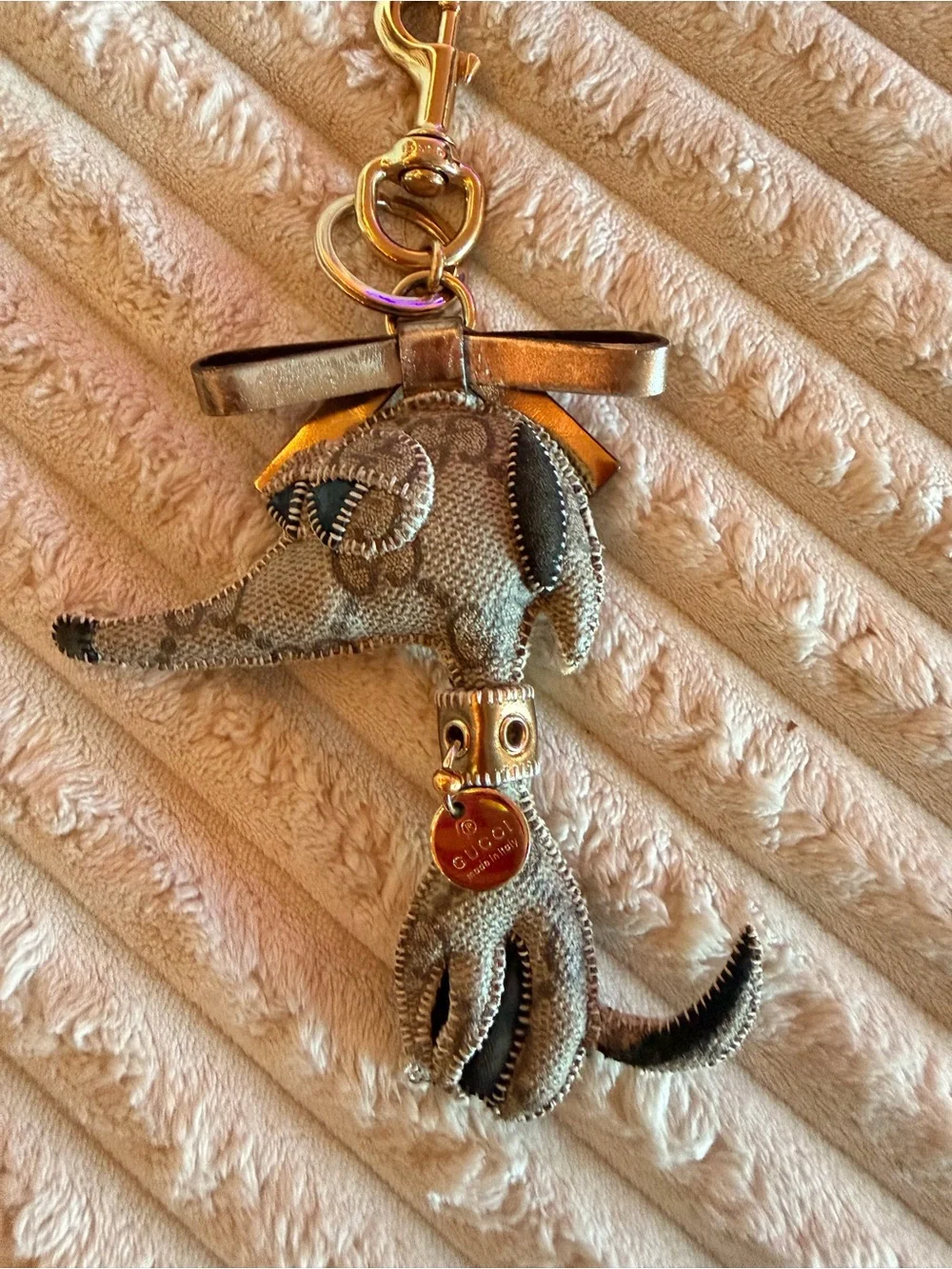 Gucci Gold and Brown Leather Dog Keyring Charm